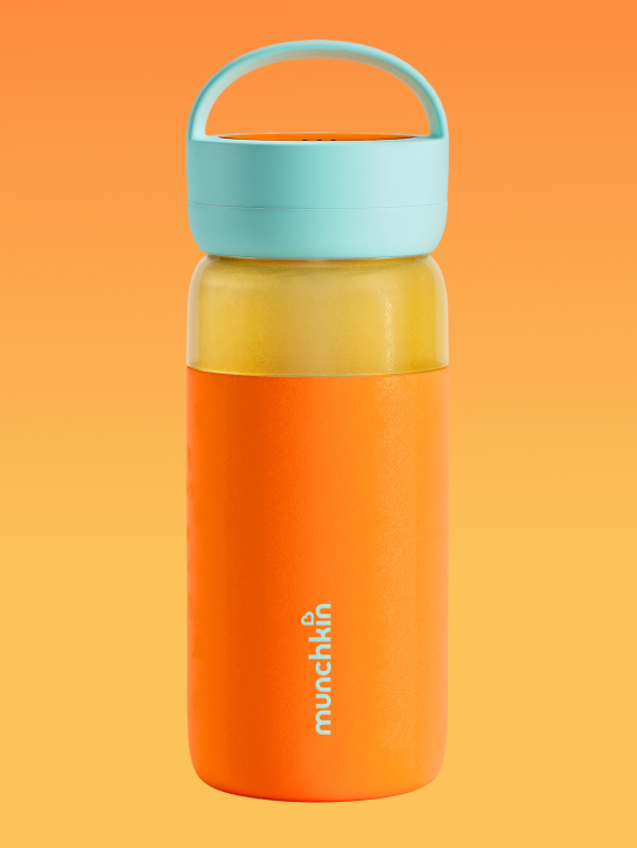 Orange water bottle with a light blue cap